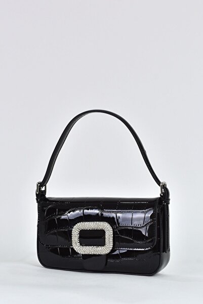 ELATAE Crocodile Patent Leather Black Evening Dress - Casual Hand Bag with Shoulder Strap 17338