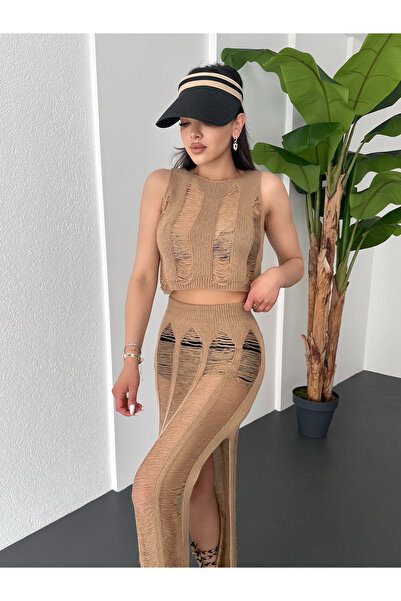 kenza'a Σετ γυναικεία Crop φούστα και πλεκτά με σχοινί