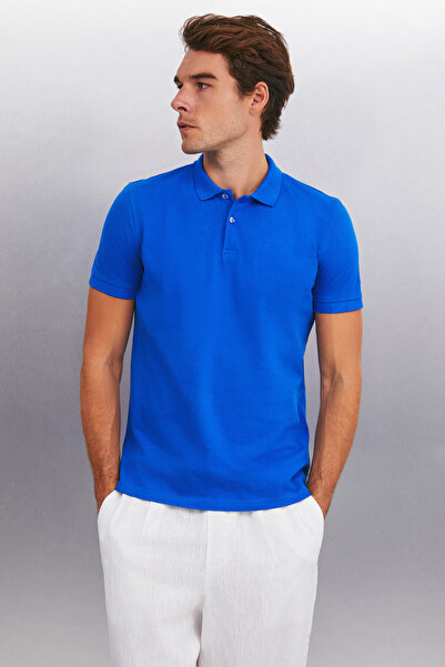 GRIMELANGE MARTEN Herren – Saks Blue Polo-Kragen Regular Fit T-Shirt, 100 % Baumwolle, Kurzarm