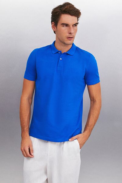 GRIMELANGE MARTEN Férfi - Saks Blue Polo gallérral, normál szabású póló, 100% pamut, rövid ujjú
