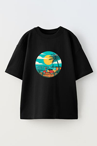 NMG TEKSTİL تي شيرت قطني أسود كبير الحجم مطبوع عليه محرك البحر والشاطئ للجنسين