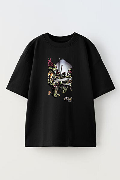 NMG TEKSTİL تي شيرت أسود كبير الحجم من القطن - مطبوع عليه مصباح سلحفاة النينجا