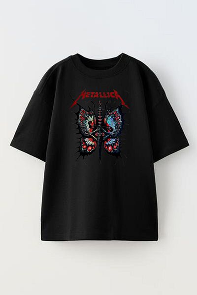 NMG TEKSTİL Μαύρο Oversize Cotton Butterfly Metallica T-shirt - Unisex