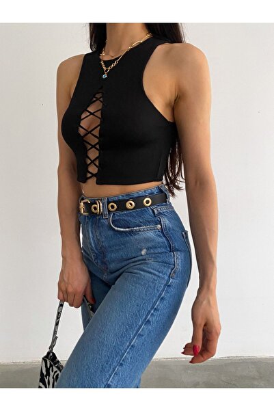 ubmbutik Kadın Bluz - Bisiklet Yaka - Göğüs Dekolteli - Kaşkorse Crop Bluz