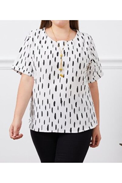 ZY BUTİK White Black Print - Short Sleeve Linen Blouse, Plus Size Round Neck