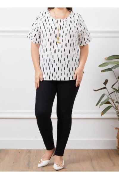 ZY BUTİK White Black Print - Short Sleeve Linen Blouse, Plus Size Round Neck