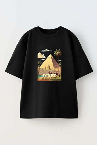 NMG TEKSTİL تي شيرت أسود كبير الحجم مطبوع عليه هرم مصر للجنسين