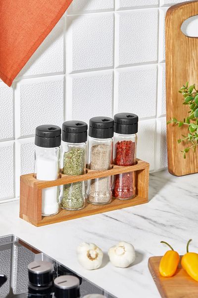 Etka Dizayn Nero 4-Piece Salt and Pepper Shakers Set - Spice Holder and Wooden Stand