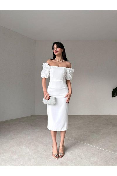 MAMMY White Dress Ruffle Sleeve Midi Women's Dress