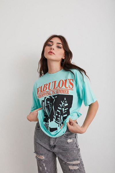 Mad&Calf Γυναικείο μπλουζάκι με πράσινο μέντα Fabulous printed Oversize