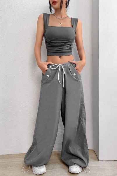 World Fashion Trends Square Neck Stretchy Crop Blouse with Gather Detail