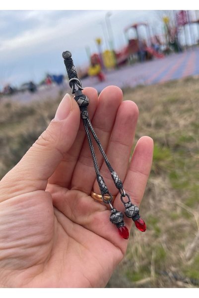 KAZZAZE Crystal Stone Red Oxidized Silver Kazaziye Two Pendant Rosary Tassel with Knot Closure
