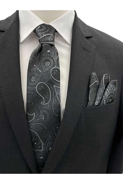Brianze Gray Black Tie Handkerchief Set with White Shawl Pattern