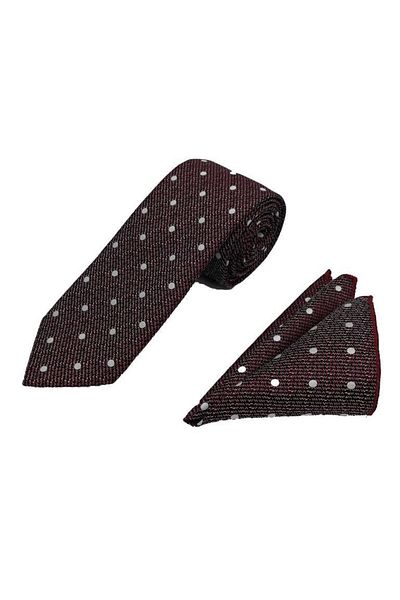 Brianze Black Claret Red White - Polka Dot Patterned Tie and Handkerchief Set