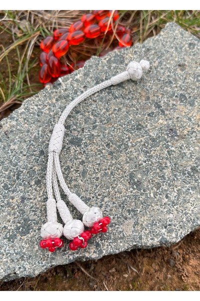 KAZZAZE Three Hanging Silver Kazaziye Colorful Bead Detailed Rosary with Tassel
