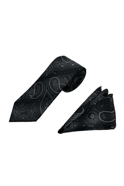 Brianze Gray Black Tie Handkerchief Set with White Shawl Pattern