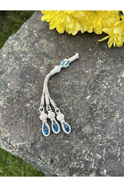 KAZZAZE حجر كريستال فيروزي ثلاثي مسبحة فضية مع شرابة PUS303