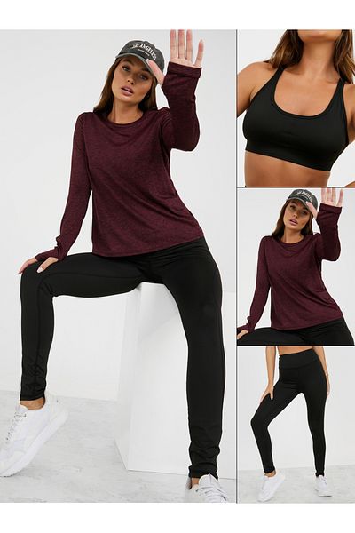 Styli Pack of 3 - Melange Open Twist Back Top, Racerback Sports Bra & Leggings