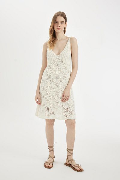 DeFacto White Midi Dress - V-Neck, Strap, Crochet C9078ax24sm