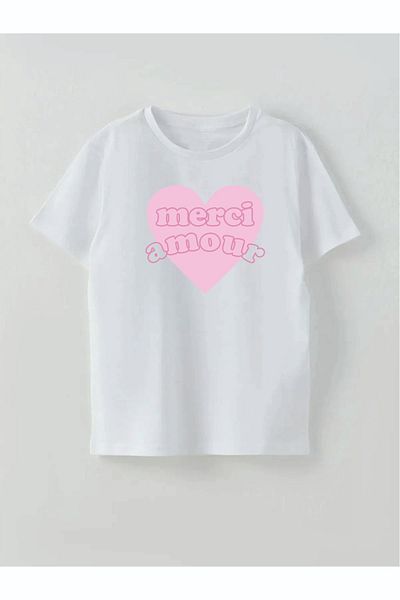 Cevval Tricou cu imprimeu cu scris pentru fete MERCİ AMOUR