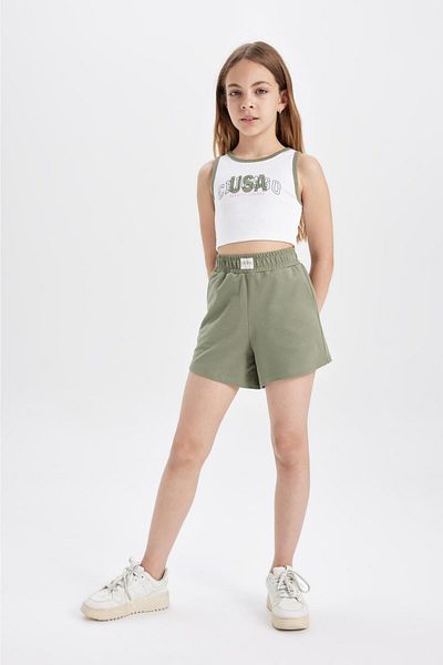 DeFacto 2-teiliges Set für Mädchen, geripptes Leibchen, Rundhalsausschnitt, bedruckte Singlet-Shorts D0068a824hs