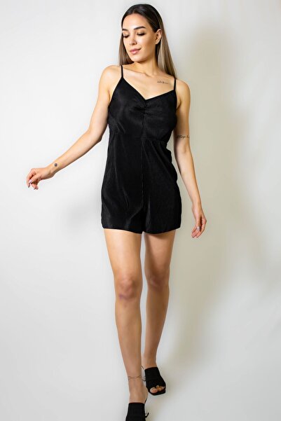 ARESMODA Kadın Siyah Fitilli Askılı Şort Tulum