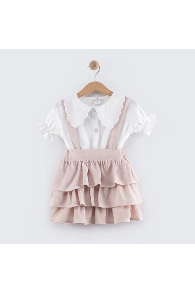 CRAX Girl's Suspender Skirt and Shirt Set - Ruffle Detailed