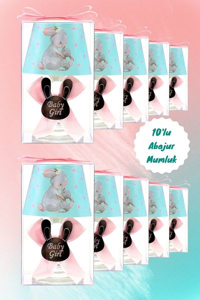 Tiem Concept Pink Decorated Rabbit Printed 10-Piece Lampshade Candle Holder Set - Gift Box