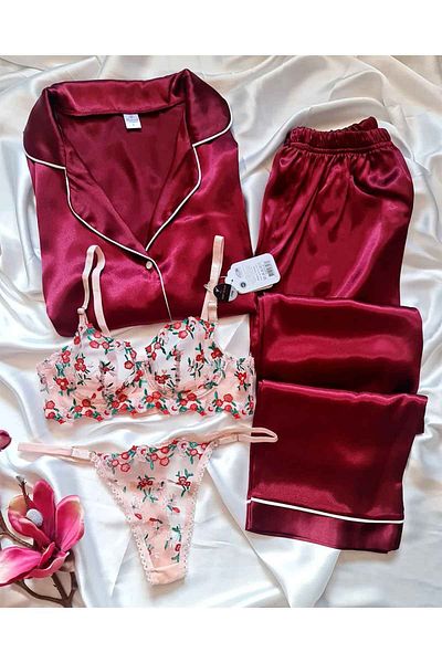Çeyize dair herşey Burgundy Bridal Bra Set - Silk Satin Embroidery, 4 Pieces, 6657