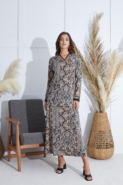 Sevim Rochie lungă neagră de damă - mânecă scurtă C5T7N6O51