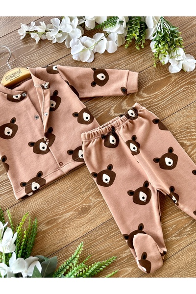 Renkli Puset 2'li Pamuklu Alt Üst Patikli Bebek Pijama Takım Ayı Kahve