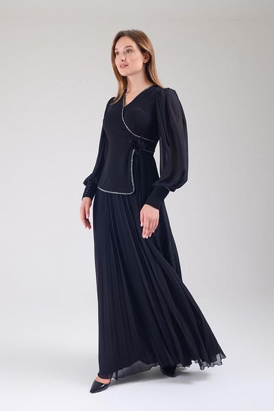 SpringStore Rochie de seara neagra din sifon plisat
