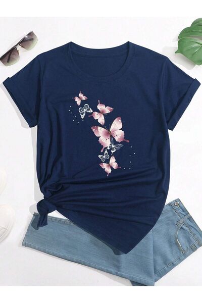 PALPİTO Tricou oversize bleumarin - Imprimat cu fluturi