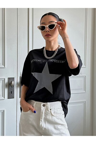 PALPİTO Tricou oversize pentru femei cu imprimeu negru Nothing Impossible