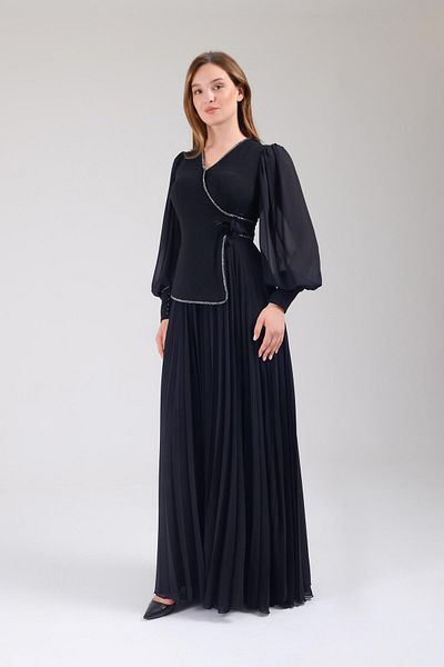 SpringStore Rochie de seara neagra din sifon plisat