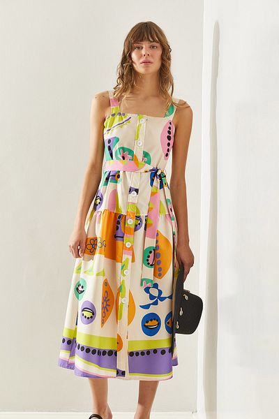 Bianco Lucci Patterned Mobile Belted Buttoned Thick Strap Women's Dress -60251275