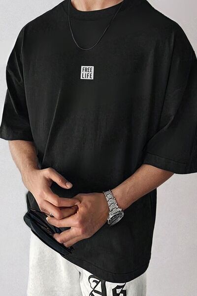 PALPİTO تي شيرت رجالي أسود مطبوع عليه Free Life مقاس كبير