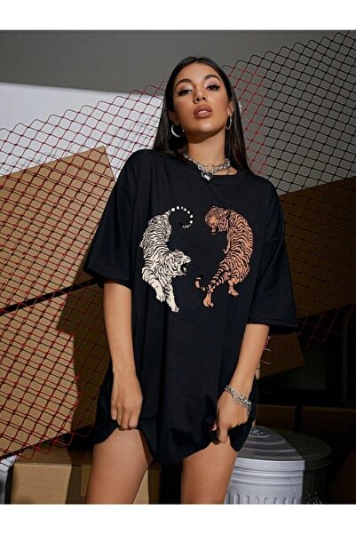 PALPİTO Women's Black Double Tiger Printed Oversize T-Shirt