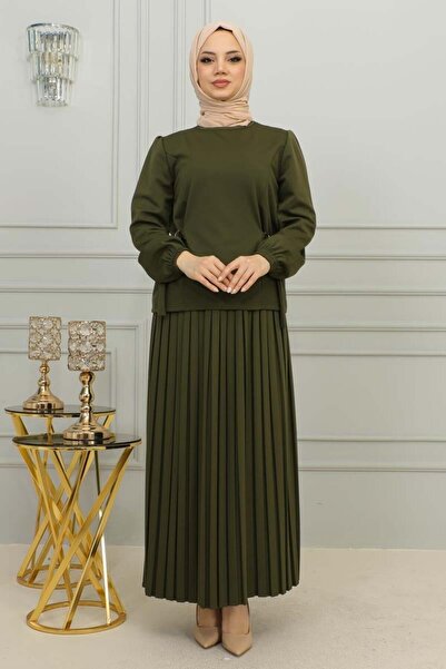 TESETTÜR MÜJDE MERVE Pleated Set - Waist Detailed, KHAKI