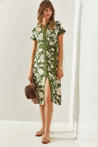 Bianco Lucci Leaf Patterned Women's Midi Dress - Belted and Buttoned 245560251317
