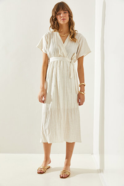 Bianco Lucci Lněné šaty – dvojitý límec, pásek a elastický pas60251272