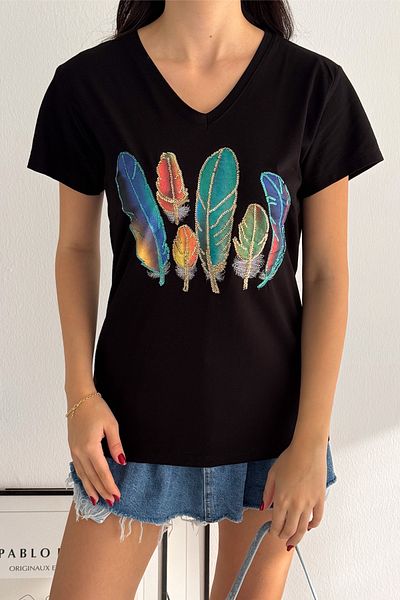 FEMELLE Tricou negru cu decolteu în V cu ciucuri cu paiete - 100% bumbac