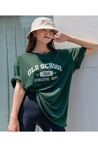 PALPİTO Naphtha Green Old School Štampano Žene Oversize kroj T-shirt