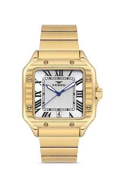 FERRO Men's Wristwatch - Quartz, Steel Gold Color, 40 mm Square Case
