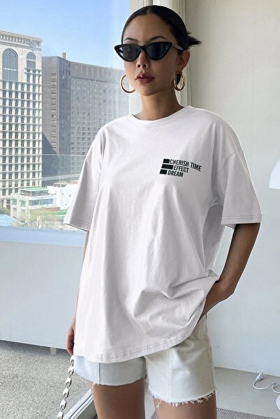 PALPİTO Tricou supradimensionat pentru femei cu imprimeu Cherish Time alb