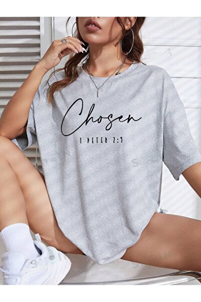 PALPİTO Ženska siva odabrana Štampano Oversize kroj T-shirt