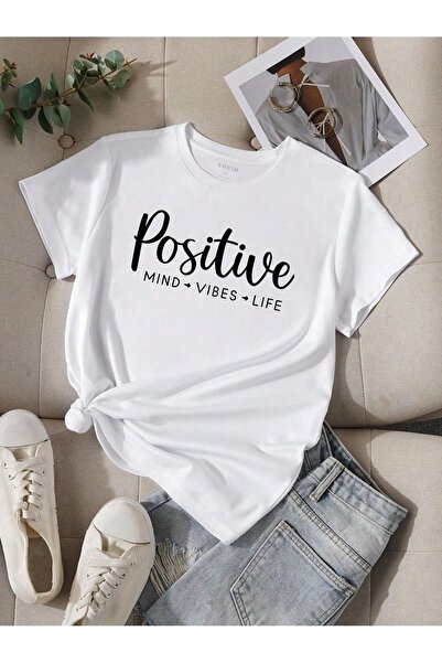 PALPİTO تي شيرت نسائي أبيض كبير الحجم مطبوع بشكل إيجابي