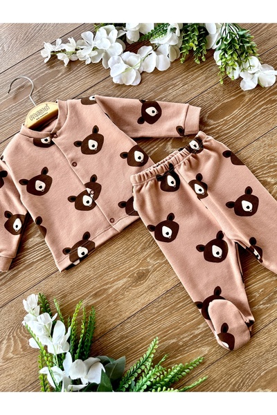Renkli Puset 2'li Pamuklu Alt Üst Patikli Bebek Pijama Takım Ayı Kahve