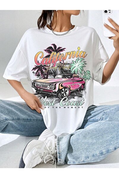 PALPİTO Ženski beli automobil iz Kalifornije Štampano Oversize kroj T-shirt