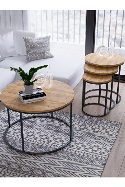 usta mekan Usta Siyah Metal, Antik Çam Orta Ve Zigon Sehpa Seti